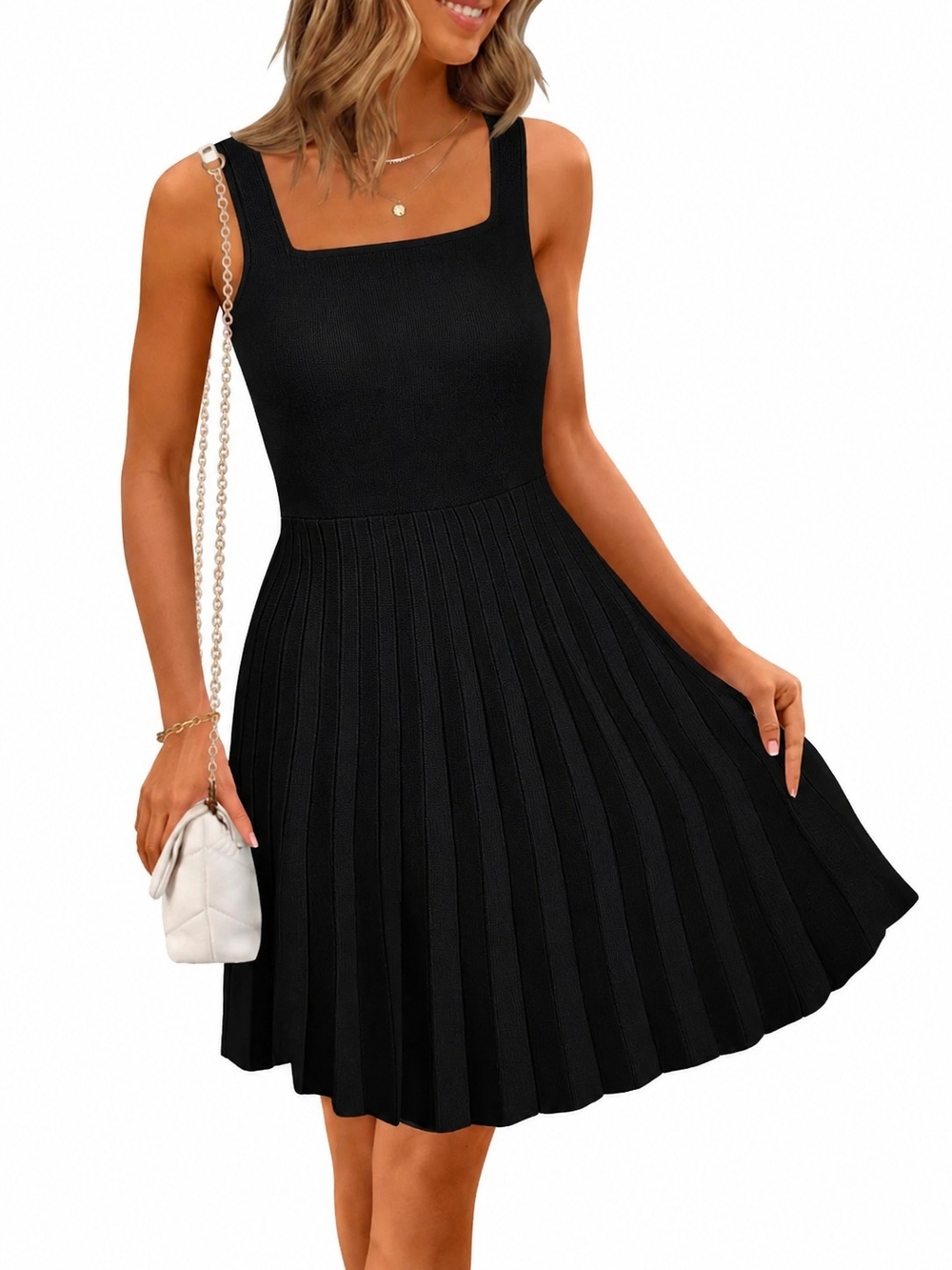 Elegant Black Square-Neck Pleated Mini Dress